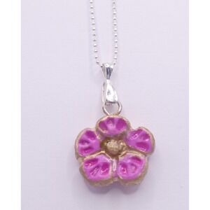 Pink Flower Polymer Clay Pendant Necklace Ball Chain Cottagecore Boho Artisan